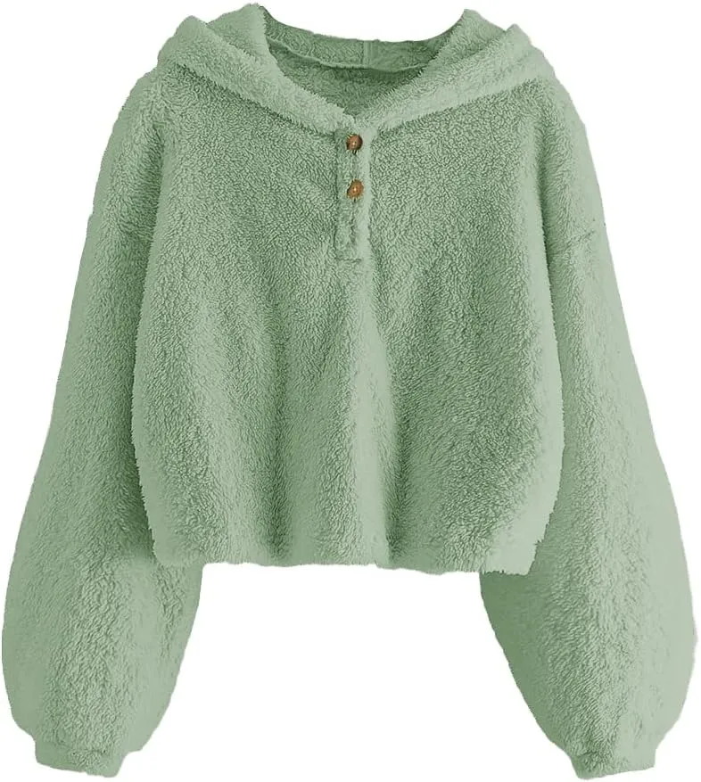 GAMISOTE Kids Girl's Fuzzy Hoodies Warm Loose Button Down Pullover Sherpa Jacket Top