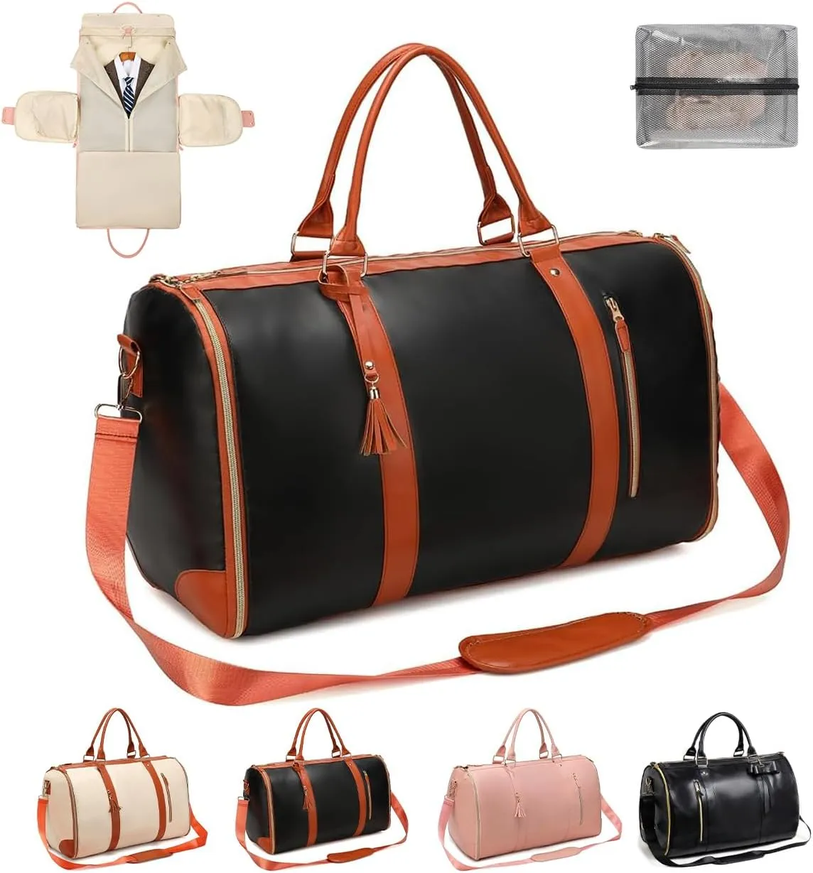 Garment Bags for Travel Convertible Suit Travel Bag for Men Women Waterproof 2 in 1 Foldable PU Leather Duffle Bag with Shoe Pouch Carry On Luggage Bag for Suitcase Dress Suit (Black-brown)