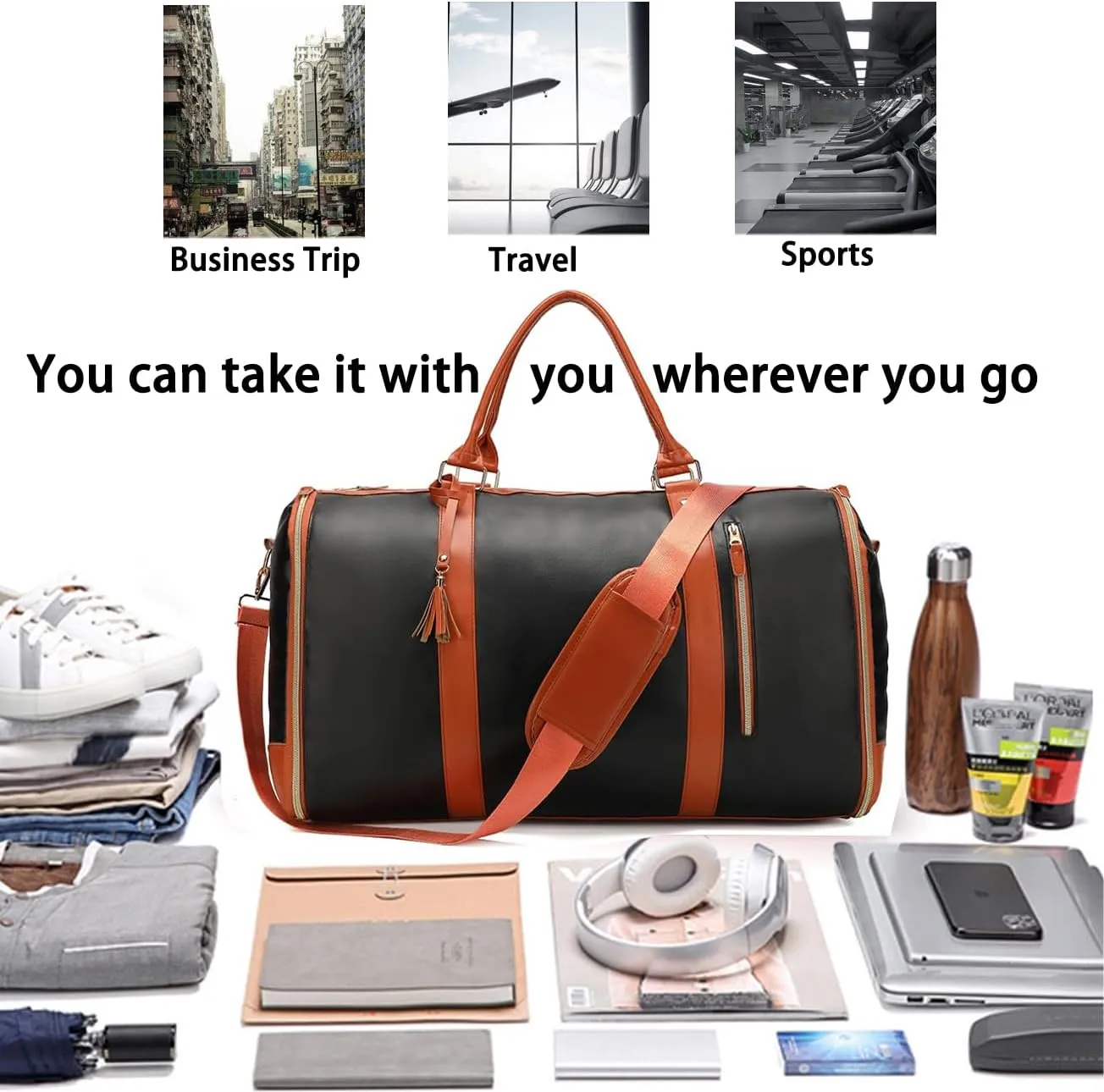 Garment Bags for Travel Convertible Suit Travel Bag for Men Women Waterproof 2 in 1 Foldable PU Leather Duffle Bag with Shoe Pouch Carry On Luggage Bag for Suitcase Dress Suit (Black-brown)