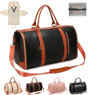 Garment Bags for Travel Convertible Suit Travel Bag for Men Women Waterproof 2 in 1 Foldable PU Leather Duffle Bag with Shoe Pouch Carry On Luggage Bag for Suitcase Dress Suit (Black-brown)