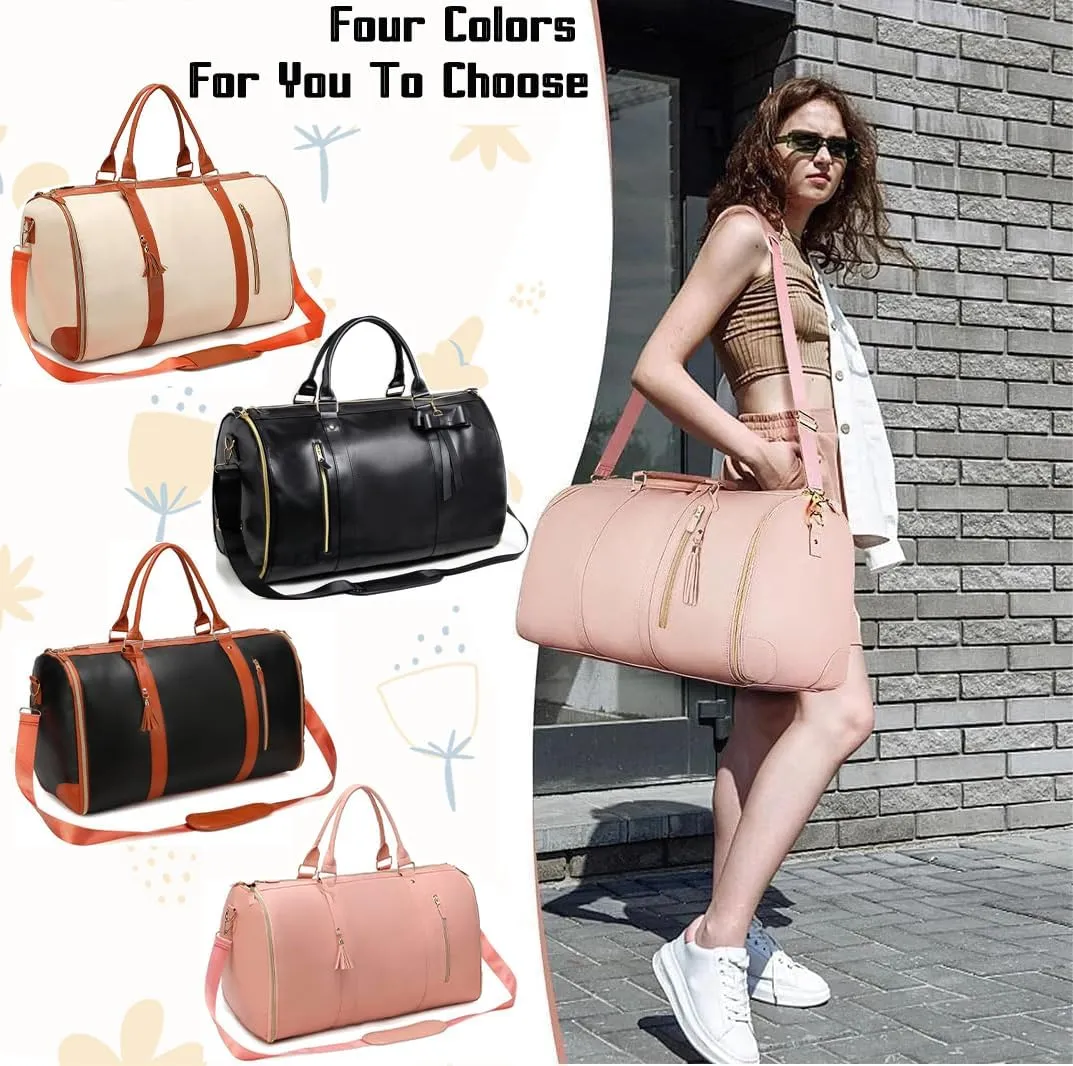 Garment Bags for Travel Convertible Suit Travel Bag for Men Women Waterproof 2 in 1 Foldable PU Leather Duffle Bag with Shoe Pouch Carry On Luggage Bag for Suitcase Dress Suit (Black-brown)