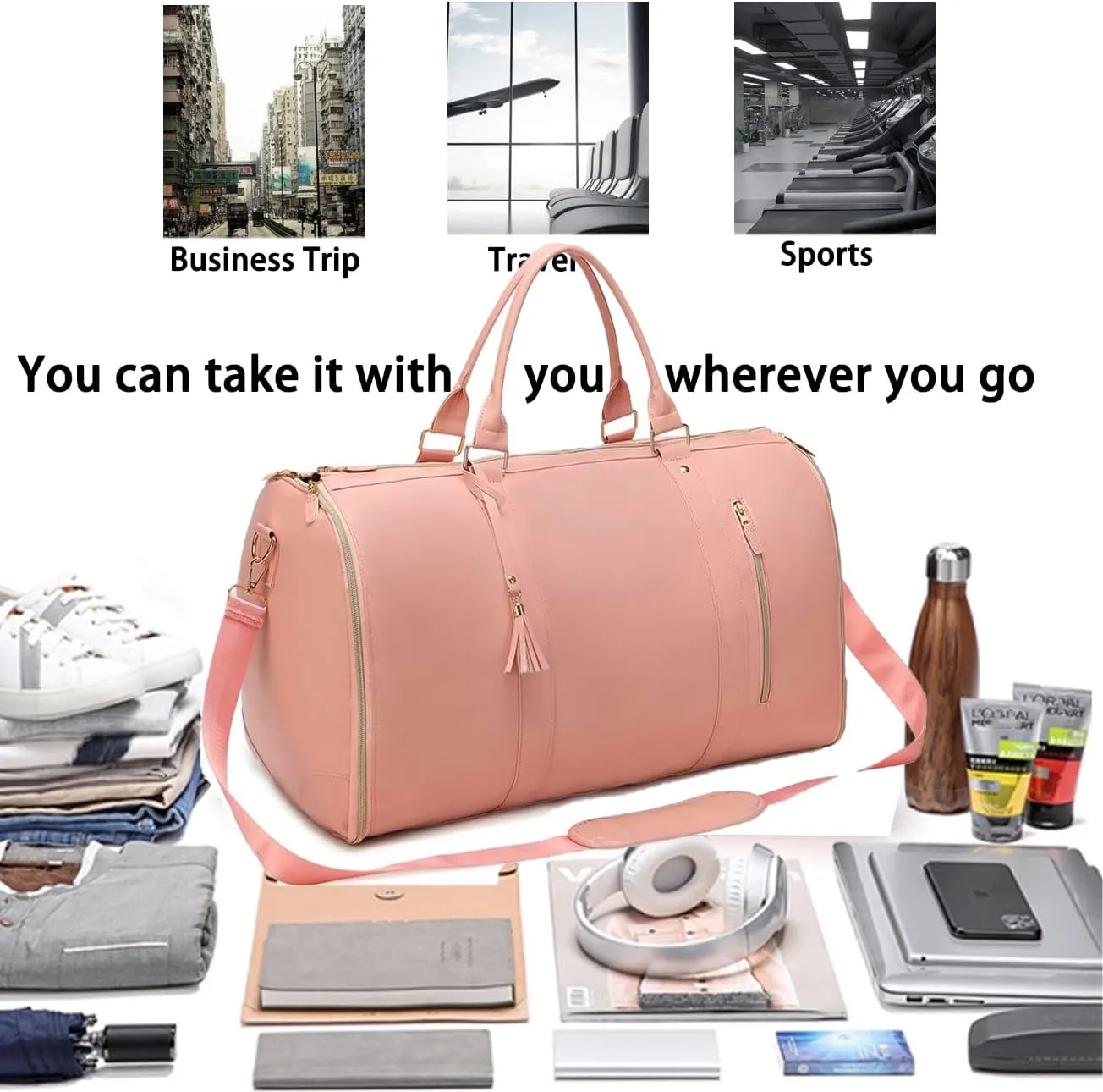 Garment Bags for Travel Convertible Suit Travel Bag for Men Women Waterproof 2 in 1 Foldable PU Leather Duffle Bag with Shoe Pouch Carry On Luggage Bag for Suitcase Dress Suit (Pink)