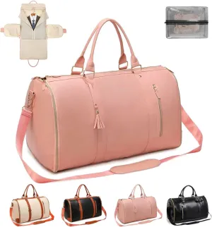 Garment Bags for Travel Convertible Suit Travel Bag for Men Women Waterproof 2 in 1 Foldable PU Leather Duffle Bag with Shoe Pouch Carry On Luggage Bag for Suitcase Dress Suit (Pink)