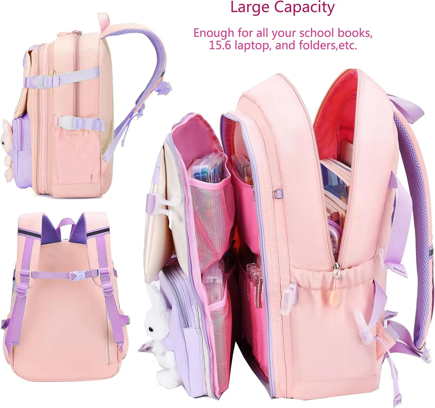 Gazigo Girls Backpack with Lunch Box Elementary School Kids Bookbag Set Cute Bunny Backpack for Girls Kindergarten Primary Kawaii Toddler Knapsack(Lunch Bag Sets Pink)