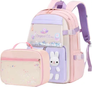 Gazigo Girls Backpack with Lunch Box Elementary School Kids Bookbag Set Cute Bunny Backpack for Girls Kindergarten Primary Kawaii Toddler Knapsack(Lunch Bag Sets Pink)