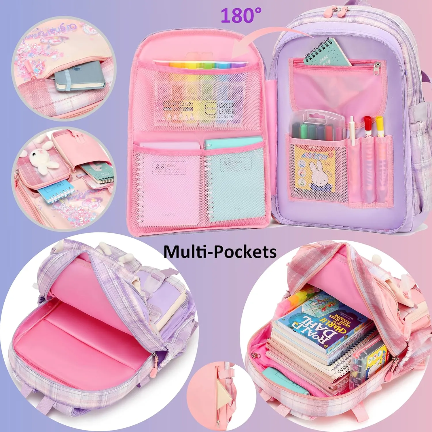 Gazigo Girls Backpack with Lunch Box for Elementary School, 3PCS School Backpack for Girls 8-10, Kawaii Bunny Kids Backpack (Plaid Purple)