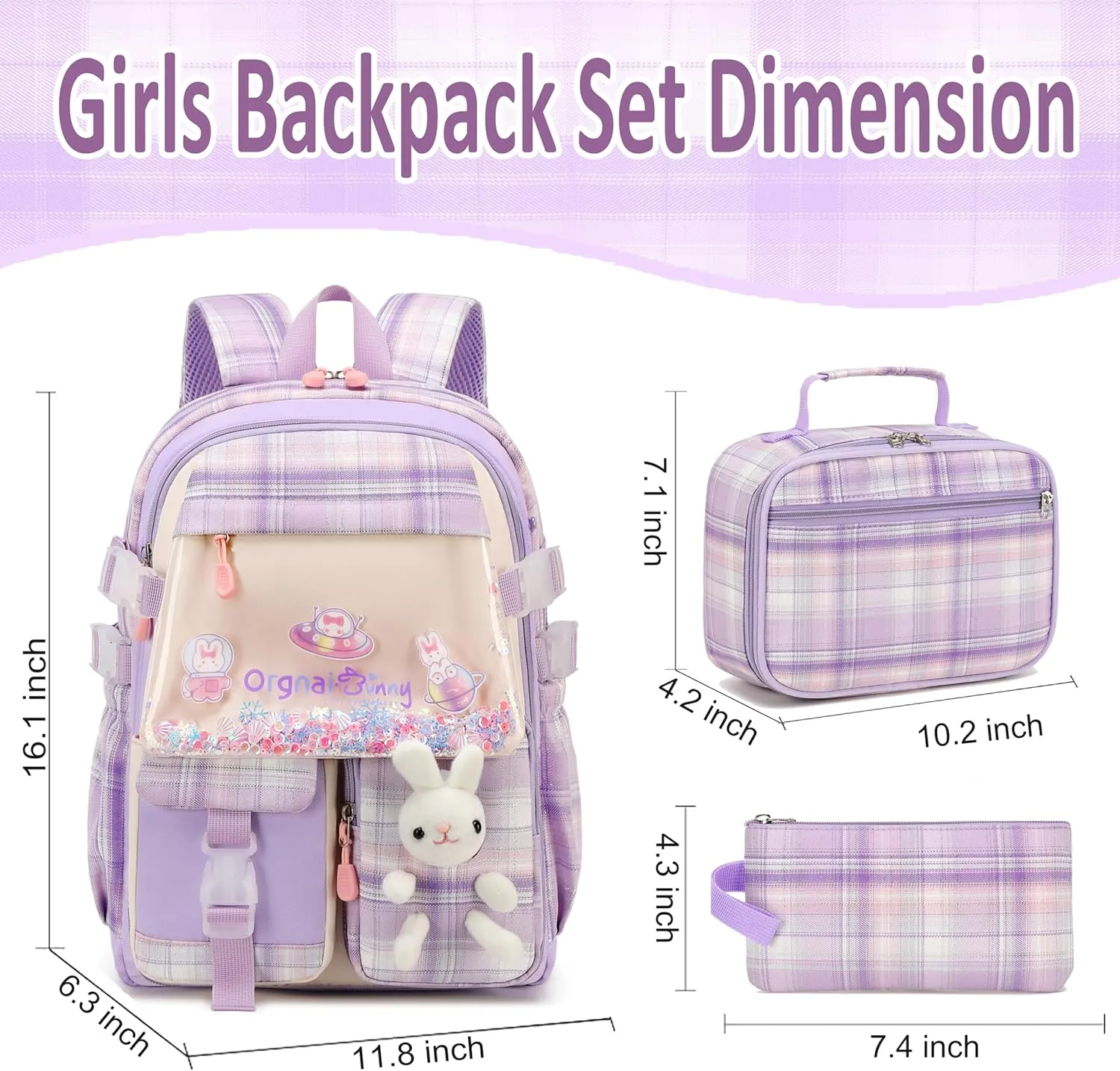 Gazigo Girls Backpack with Lunch Box for Elementary School, 3PCS School Backpack for Girls 8-10, Kawaii Bunny Kids Backpack (Plaid Purple)