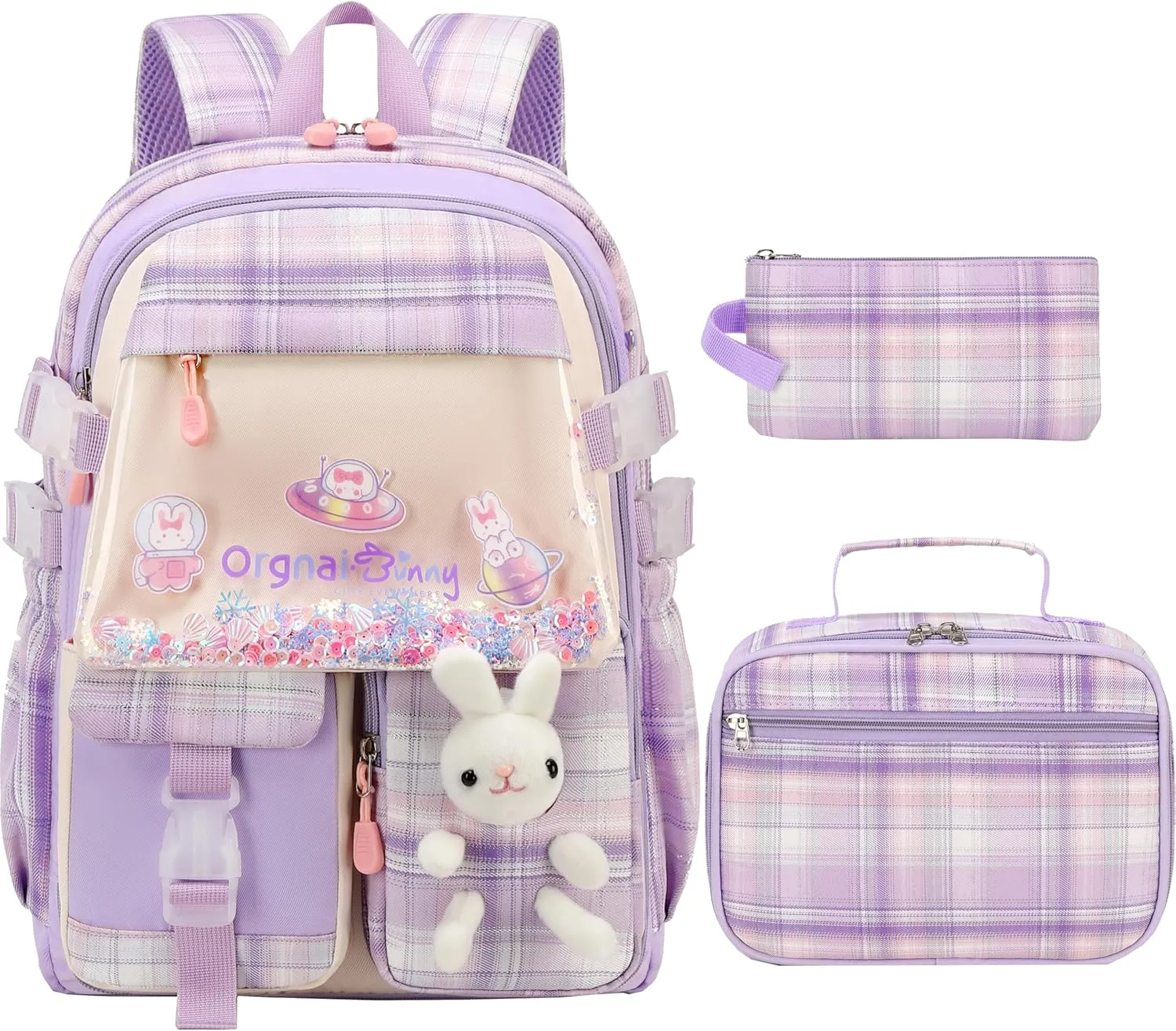 Gazigo Girls Backpack with Lunch Box for Elementary School, 3PCS School Backpack for Girls 8-10, Kawaii Bunny Kids Backpack (Plaid Purple)