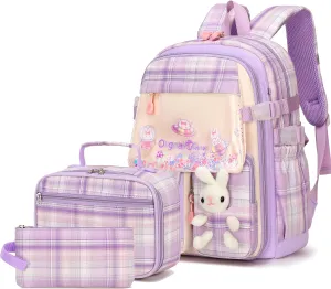 Gazigo Girls Backpack with Lunch Box for Elementary School, 3PCS School Backpack for Girls 8-10, Kawaii Bunny Kids Backpack (Plaid Purple)