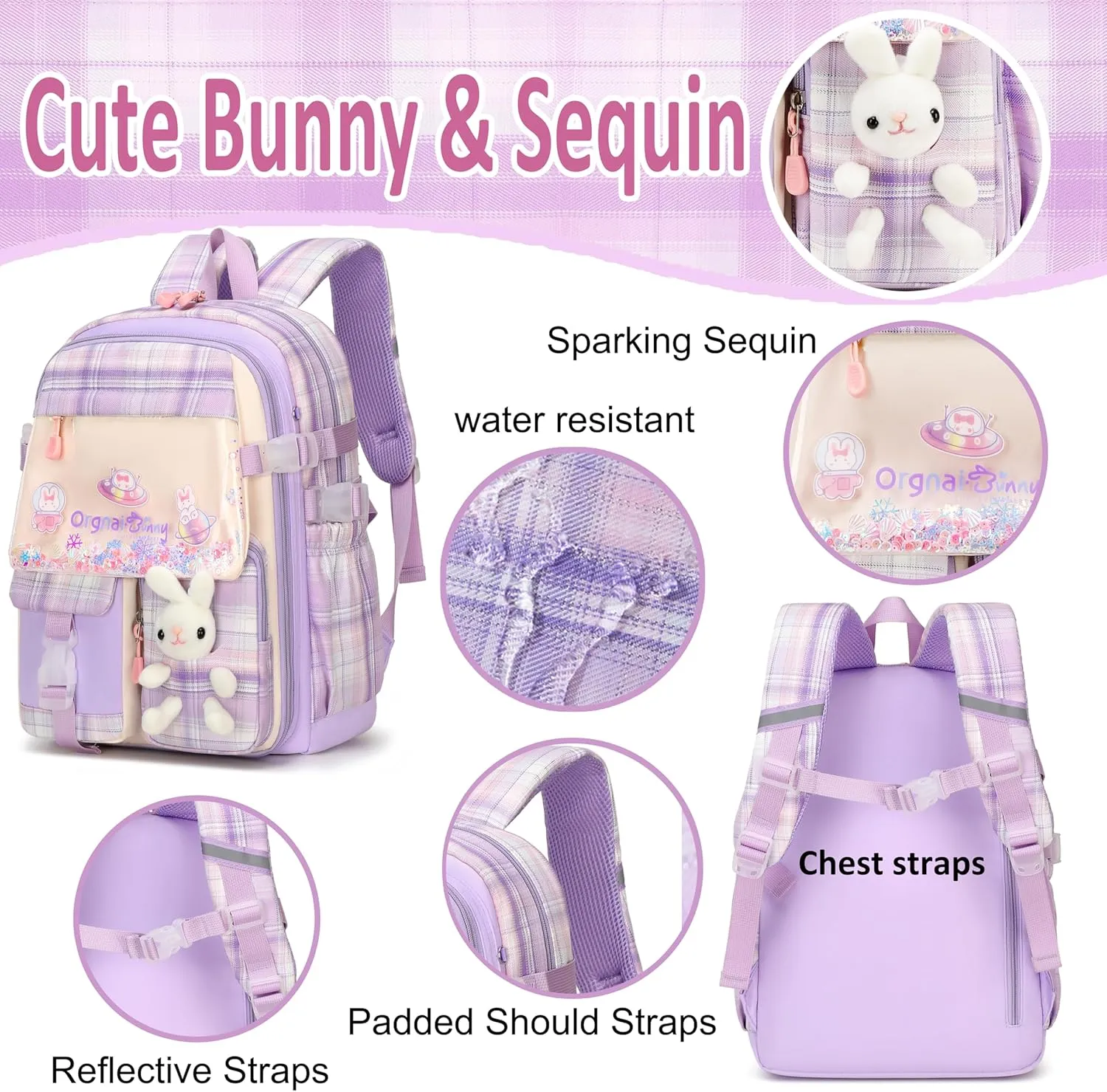 Gazigo Girls Backpack with Lunch Box for Elementary School, 3PCS School Backpack for Girls 8-10, Kawaii Bunny Kids Backpack (Plaid Purple)