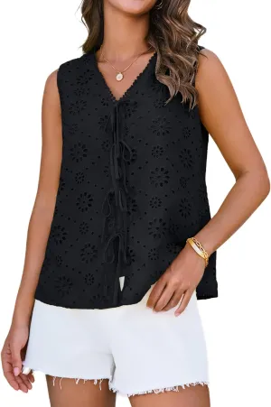 GRACE KARIN Women's Summer Tops Dressy Casual Sleeveless V Neck Bow Tie Hollow Out Lace Eyelet Tank Top Blouses Shirts