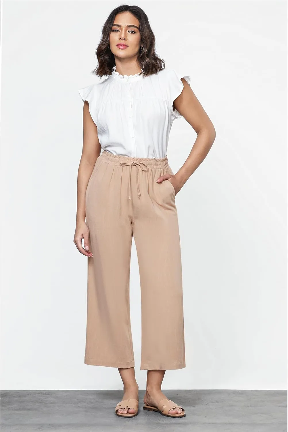 GRAPENT Linen Pants for Women High Waisted Wide Leg Capri Elastic Waist Casual Beach Flowy Cropped Summer Capris Pants