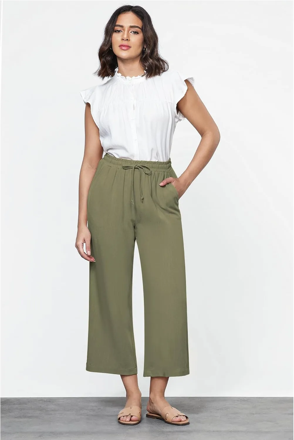 GRAPENT Linen Pants for Women High Waisted Wide Leg Capri Elastic Waist Casual Beach Flowy Cropped Summer Capris Pants