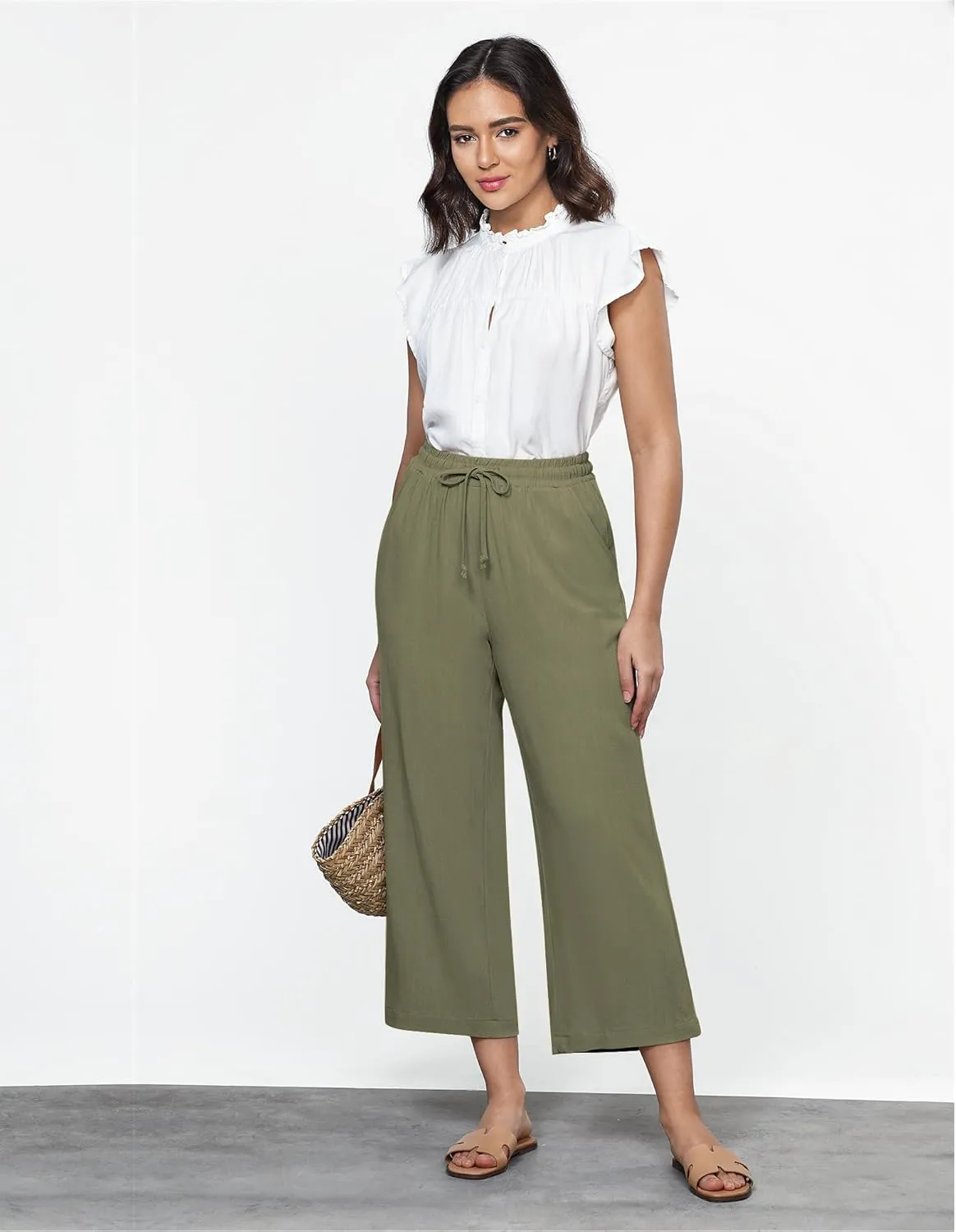 GRAPENT Linen Pants for Women High Waisted Wide Leg Capri Elastic Waist Casual Beach Flowy Cropped Summer Capris Pants