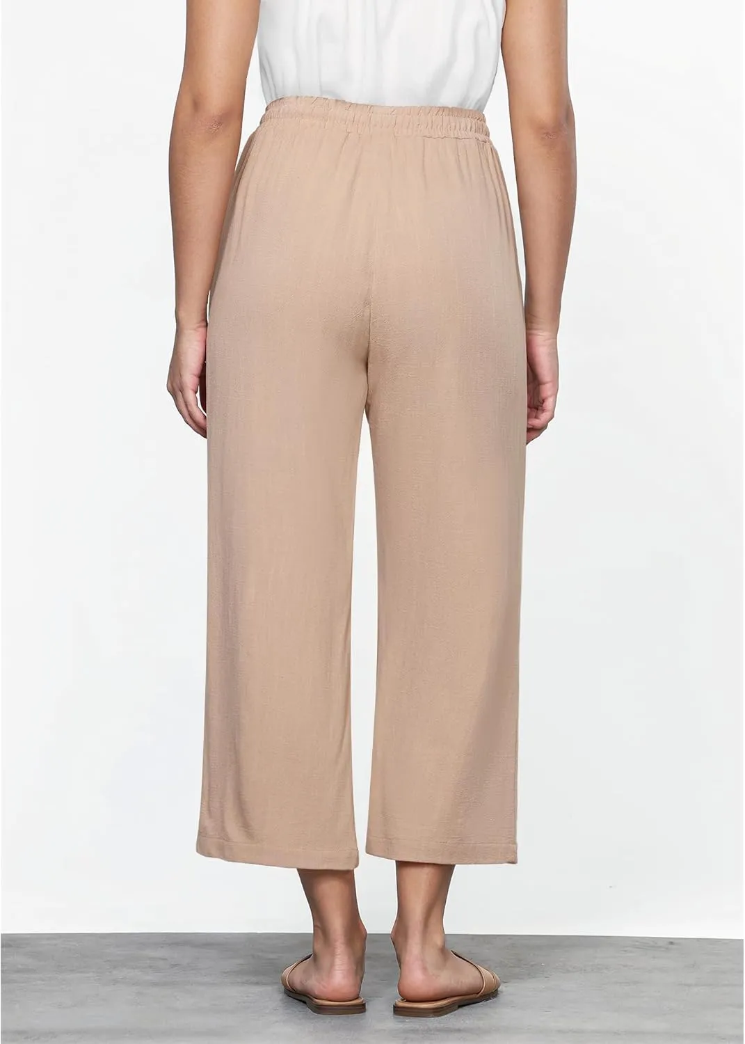 GRAPENT Linen Pants for Women High Waisted Wide Leg Capri Elastic Waist Casual Beach Flowy Cropped Summer Capris Pants