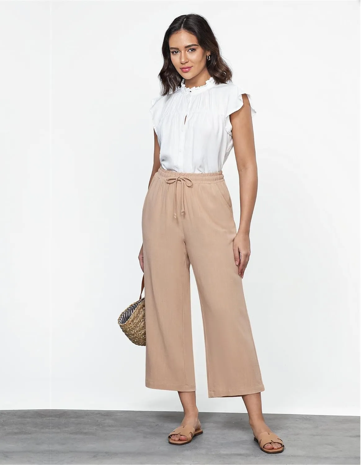 GRAPENT Linen Pants for Women High Waisted Wide Leg Capri Elastic Waist Casual Beach Flowy Cropped Summer Capris Pants
