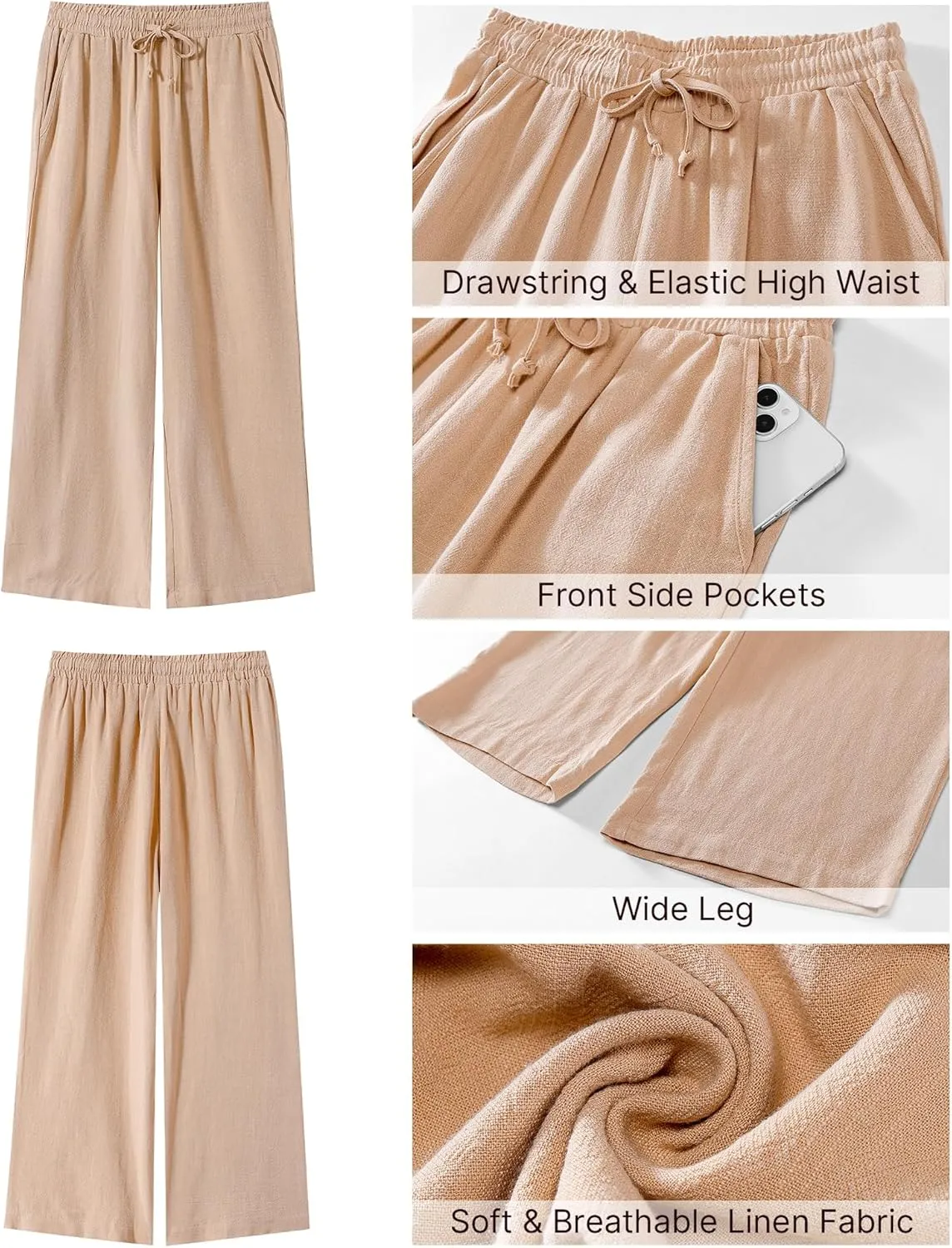 GRAPENT Linen Pants for Women High Waisted Wide Leg Capri Elastic Waist Casual Beach Flowy Cropped Summer Capris Pants