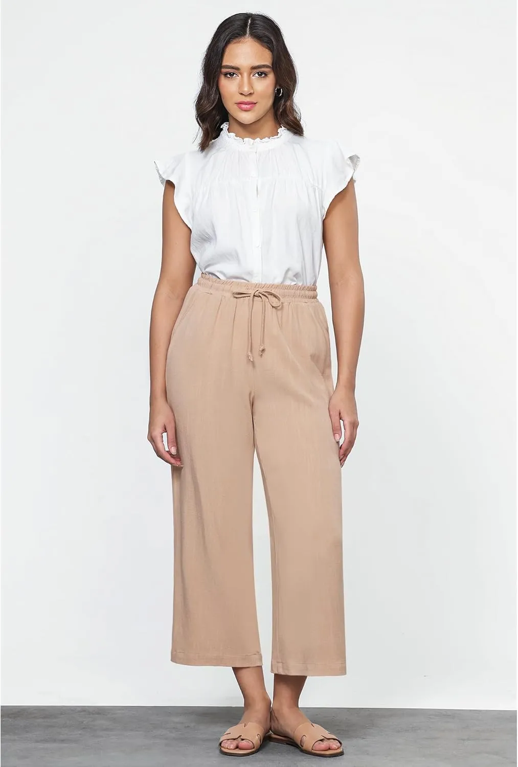 GRAPENT Linen Pants for Women High Waisted Wide Leg Capri Elastic Waist Casual Beach Flowy Cropped Summer Capris Pants