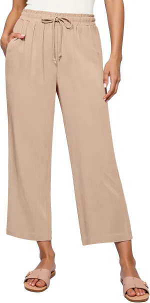 GRAPENT Linen Pants for Women High Waisted Wide Leg Capri Elastic Waist Casual Beach Flowy Cropped Summer Capris Pants