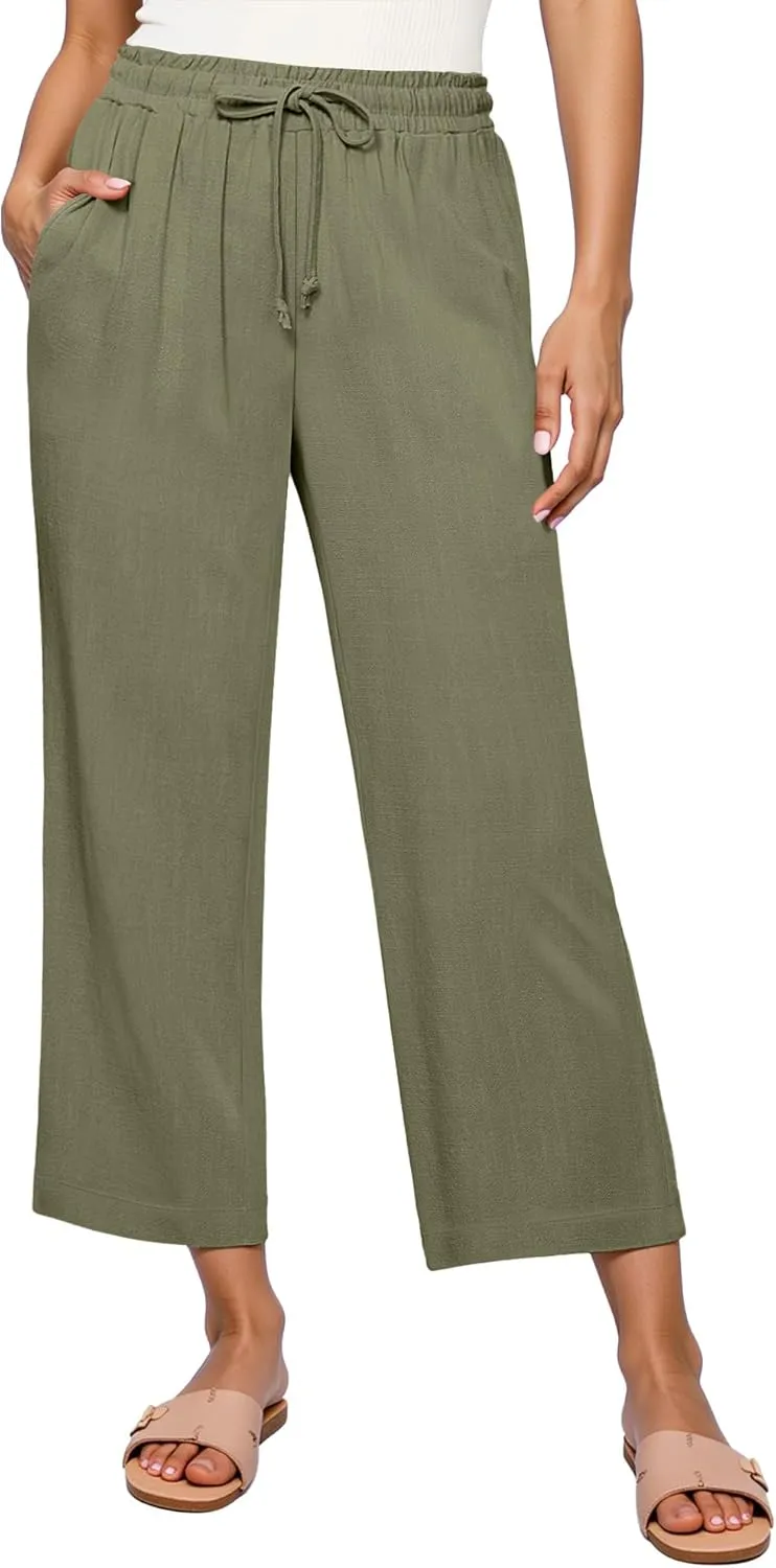 GRAPENT Linen Pants for Women High Waisted Wide Leg Capri Elastic Waist Casual Beach Flowy Cropped Summer Capris Pants