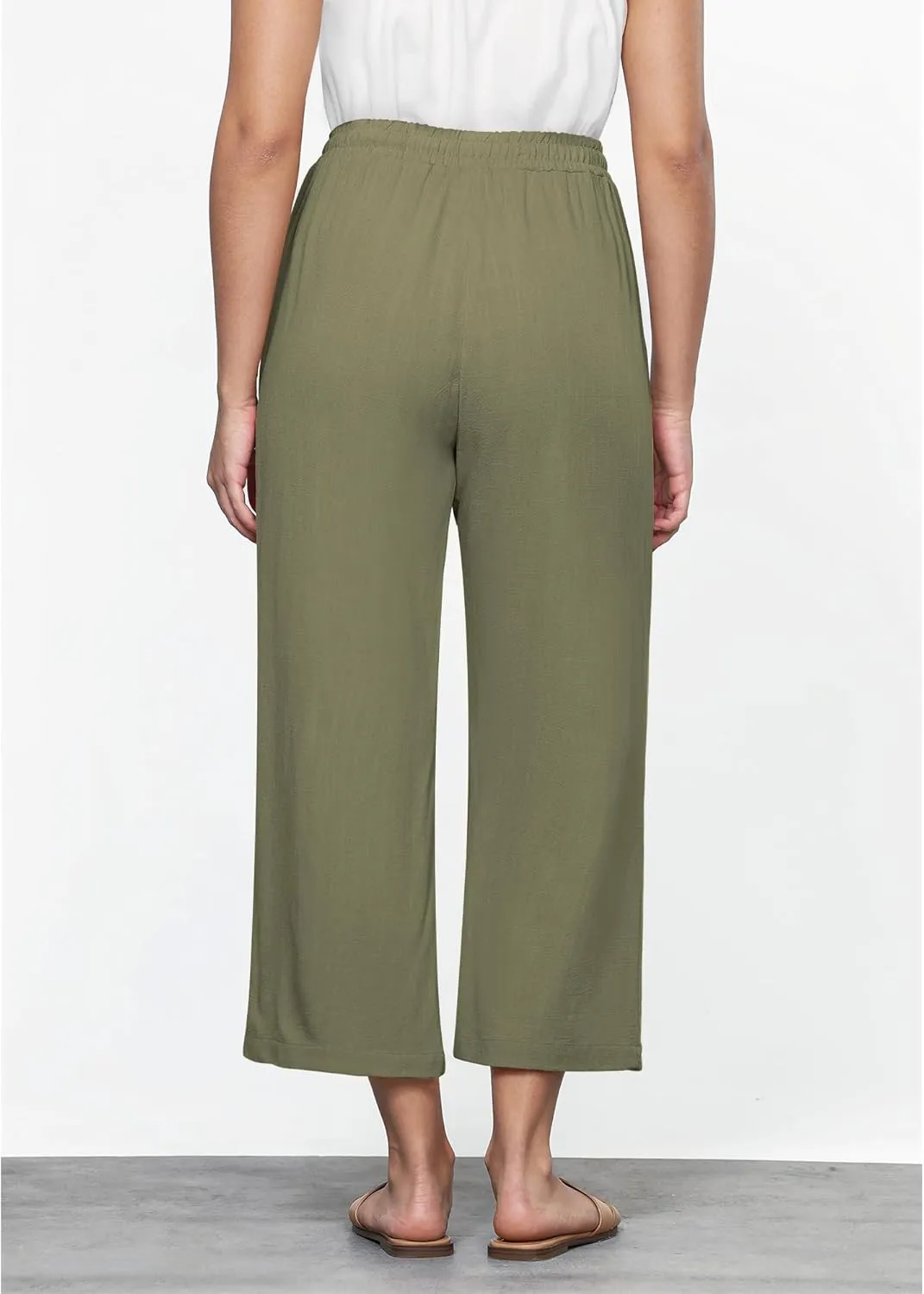 GRAPENT Linen Pants for Women High Waisted Wide Leg Capri Elastic Waist Casual Beach Flowy Cropped Summer Capris Pants