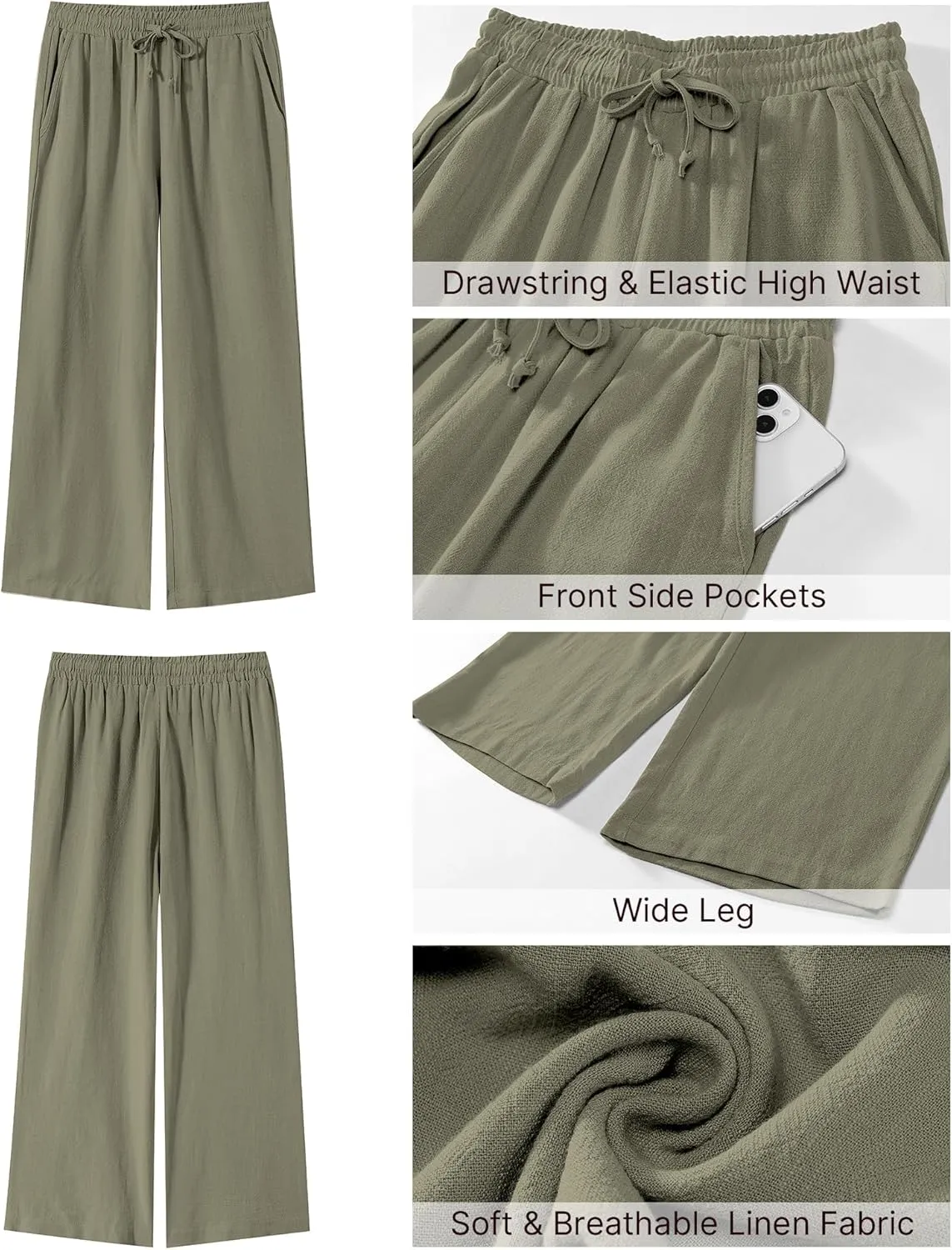 GRAPENT Linen Pants for Women High Waisted Wide Leg Capri Elastic Waist Casual Beach Flowy Cropped Summer Capris Pants