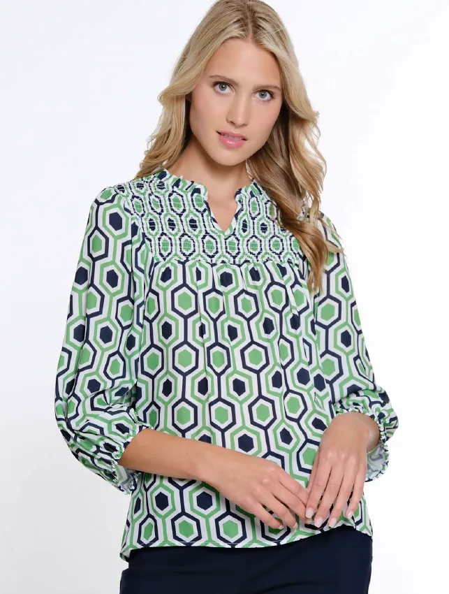 Green & Navy Smocked Blouse