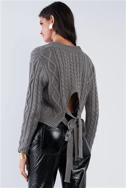 Grey Self-Tie Open Back Cropped Sweater