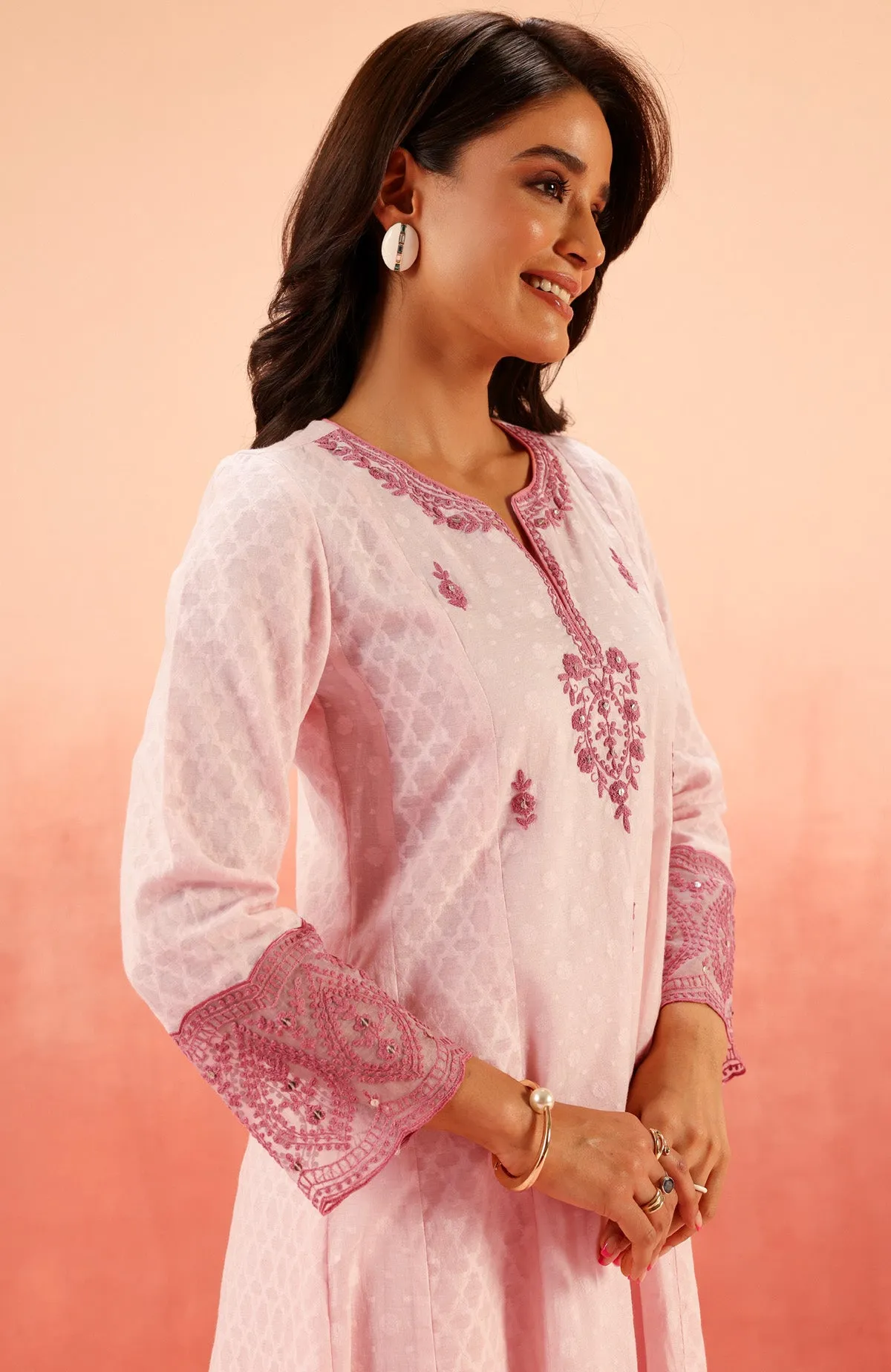 GULNAAR PINK JACQUARD EMBROIDERED KURTA SET