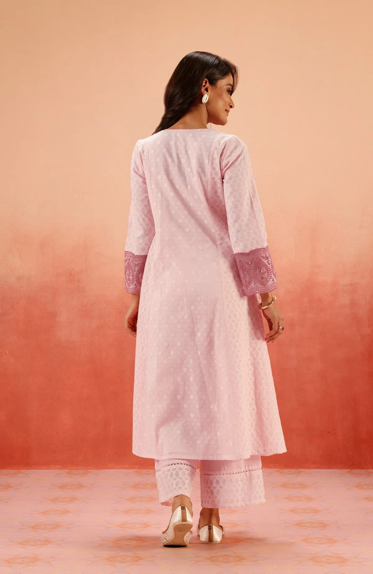 GULNAAR PINK JACQUARD EMBROIDERED KURTA SET