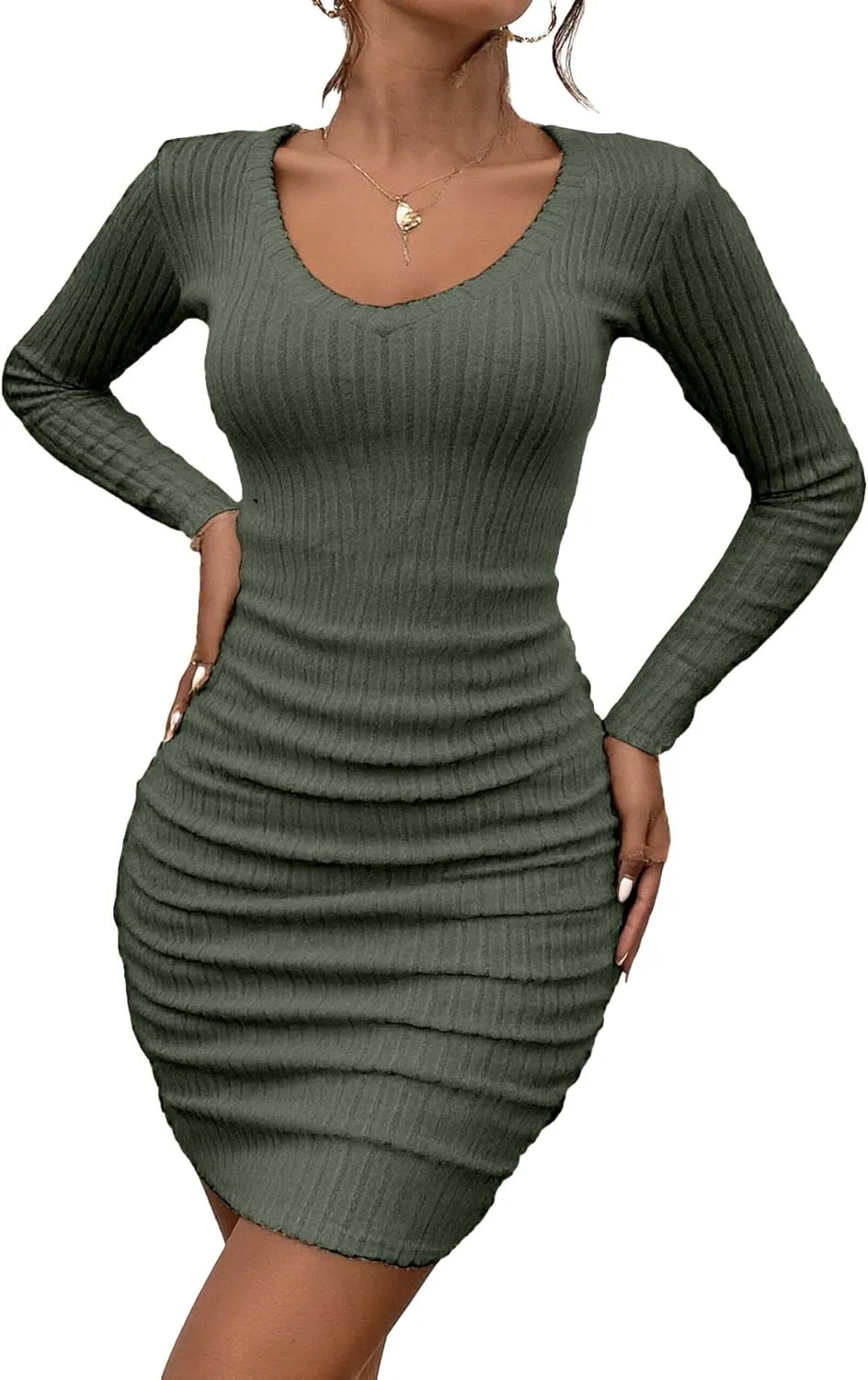 HBQ Women's Pullover Sweater Dress Casual Long Sleeve Cute Ribbed Knit V Neck Bodycon Mini Sweaters Dresses