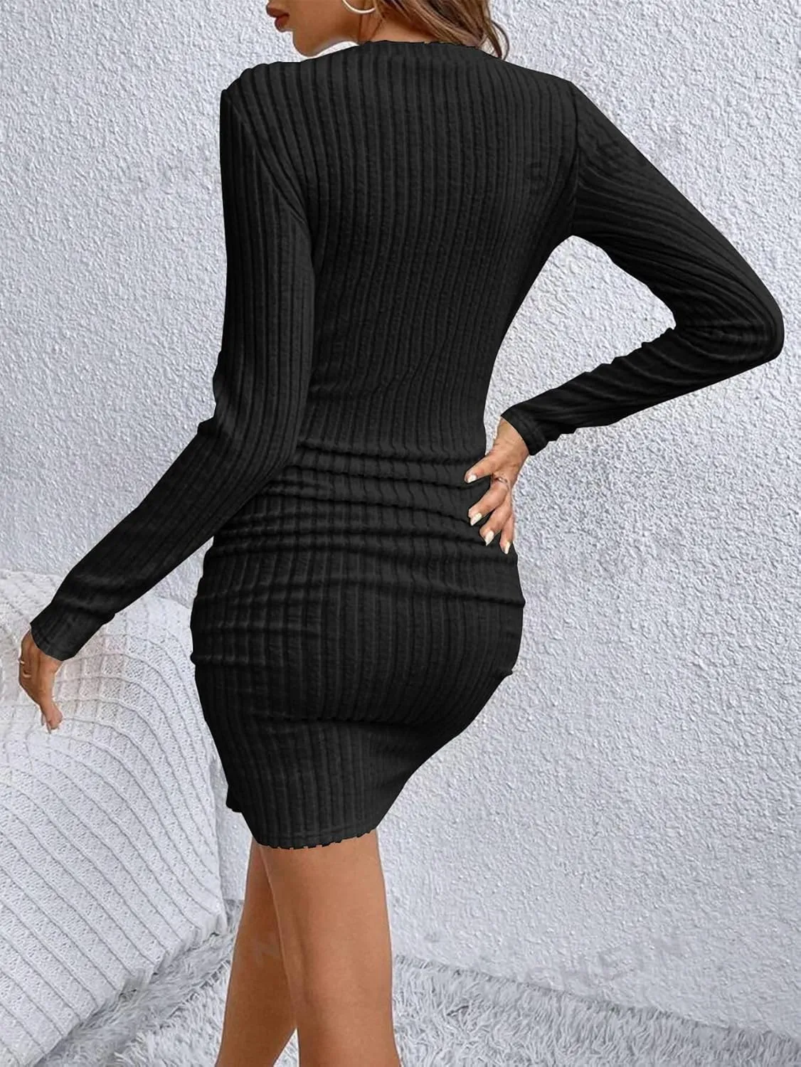 HBQ Women's Pullover Sweater Dress Casual Long Sleeve Cute Ribbed Knit V Neck Bodycon Mini Sweaters Dresses