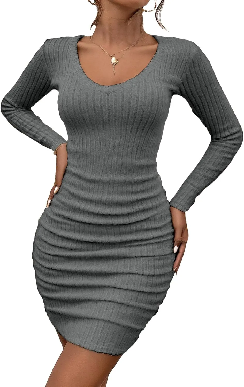 HBQ Women's Pullover Sweater Dress Casual Long Sleeve Cute Ribbed Knit V Neck Bodycon Mini Sweaters Dresses