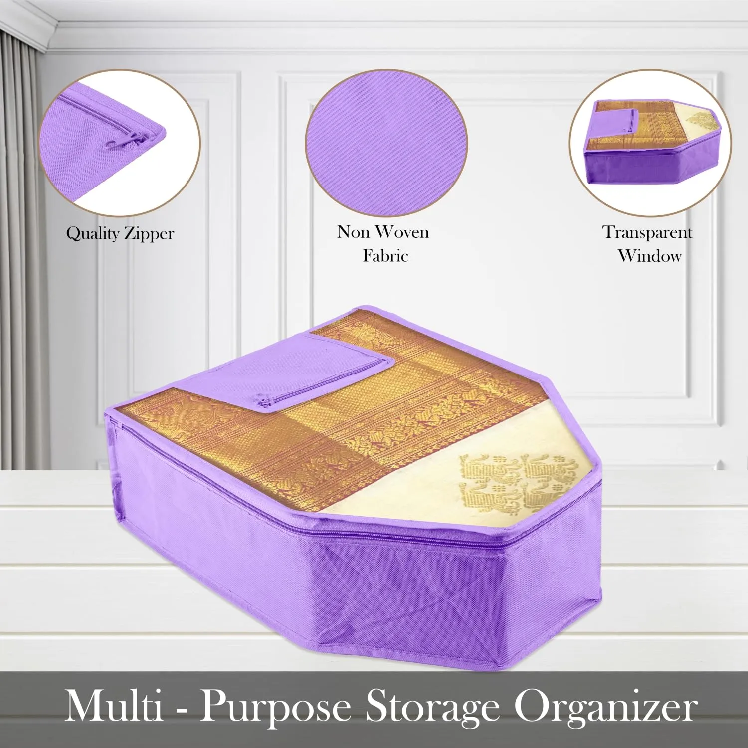Kuber Industries Blouse Cover | Clothes Storage Bag | Zipper Wardrobe Organizers | Clothes Organiser with Attached Pocket with White Lace | Non-Woven Front Transparent | Pack of 6 | Purple