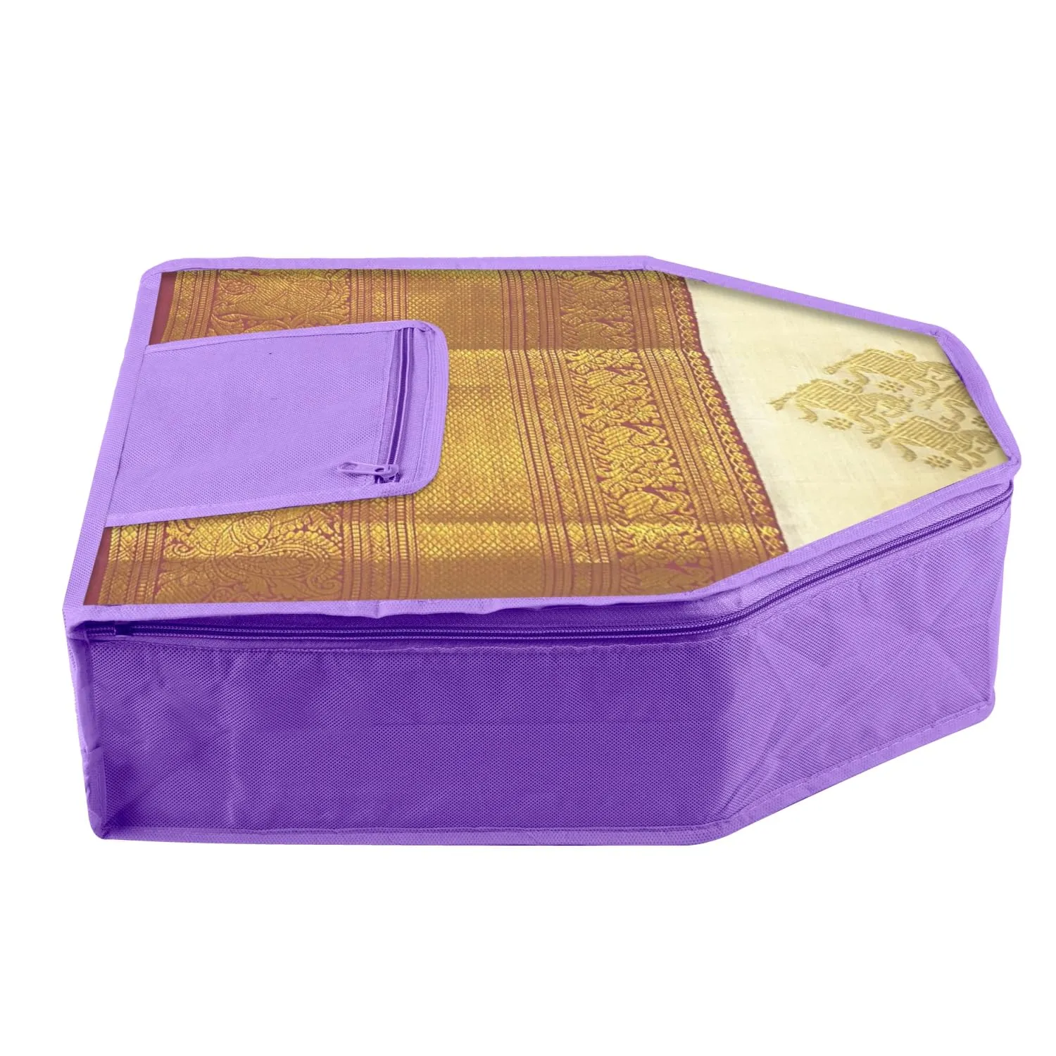 Kuber Industries Blouse Cover | Clothes Storage Bag | Zipper Wardrobe Organizers | Clothes Organiser with Attached Pocket with White Lace | Non-Woven Front Transparent | Pack of 6 | Purple