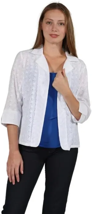LA CERA Women's Embroidered Eyelet Jacket- 3/4 Sleeves, Collared with 2 Front Snap Buttons, 100% Cotton