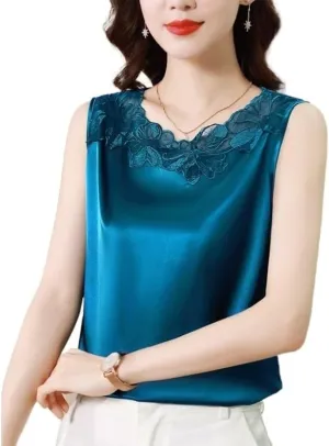 Lace Camisole for Women Large Size Suit Base Shirt Versatile Sleeveless Top(Blue,M)