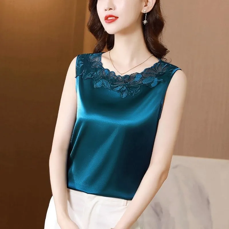 Lace Camisole for Women Large Size Suit Base Shirt Versatile Sleeveless Top(Blue,M)