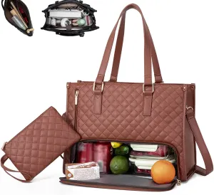 Laptop Tote Bag with Insulated Lunch Compartment for Women, 15.6 Inch PU Leather Briefcase with Leakproof Lunch Box Pocket
