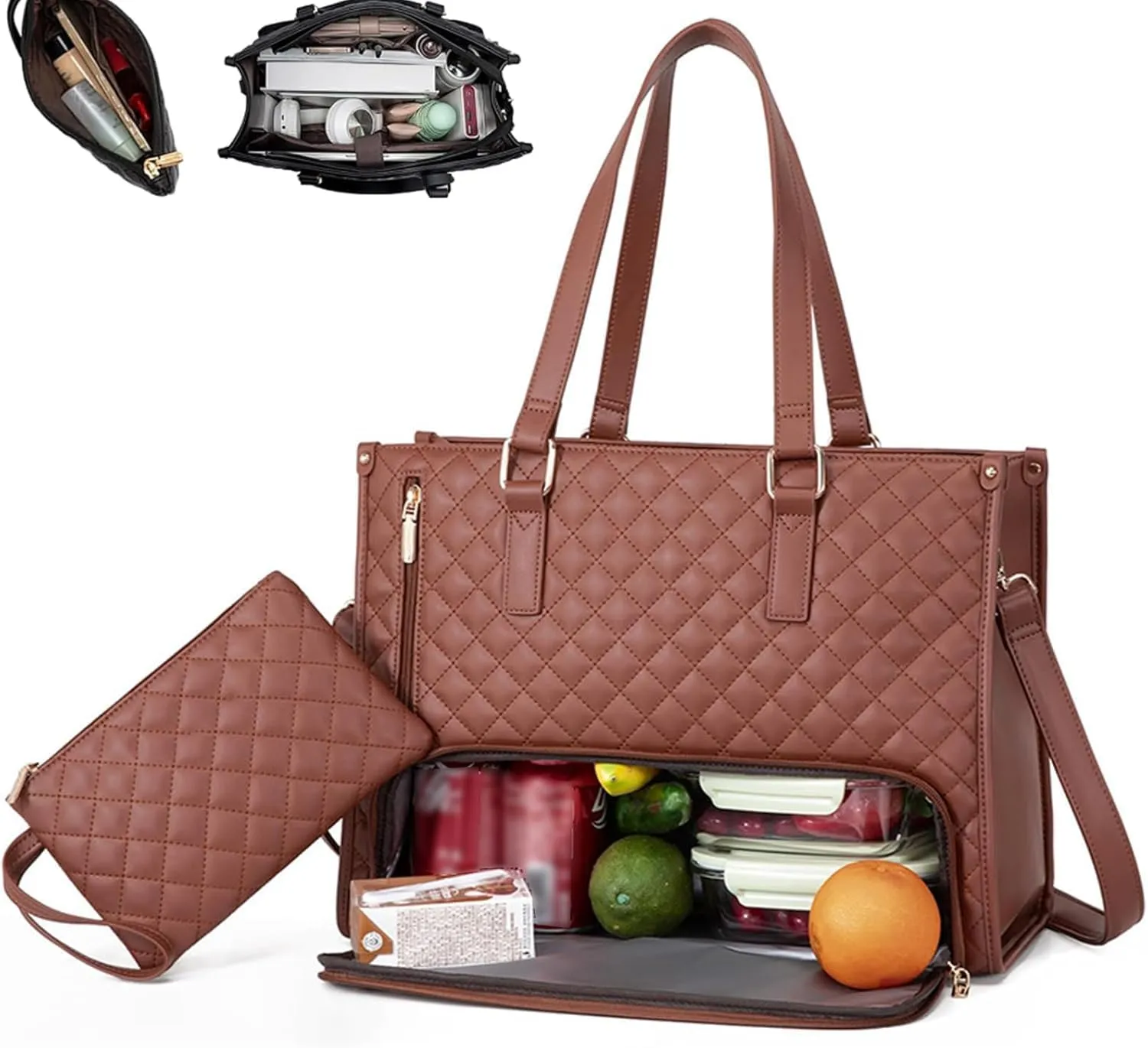 Laptop Tote Bag with Insulated Lunch Compartment for Women, 15.6 Inch PU Leather Briefcase with Leakproof Lunch Box Pocket