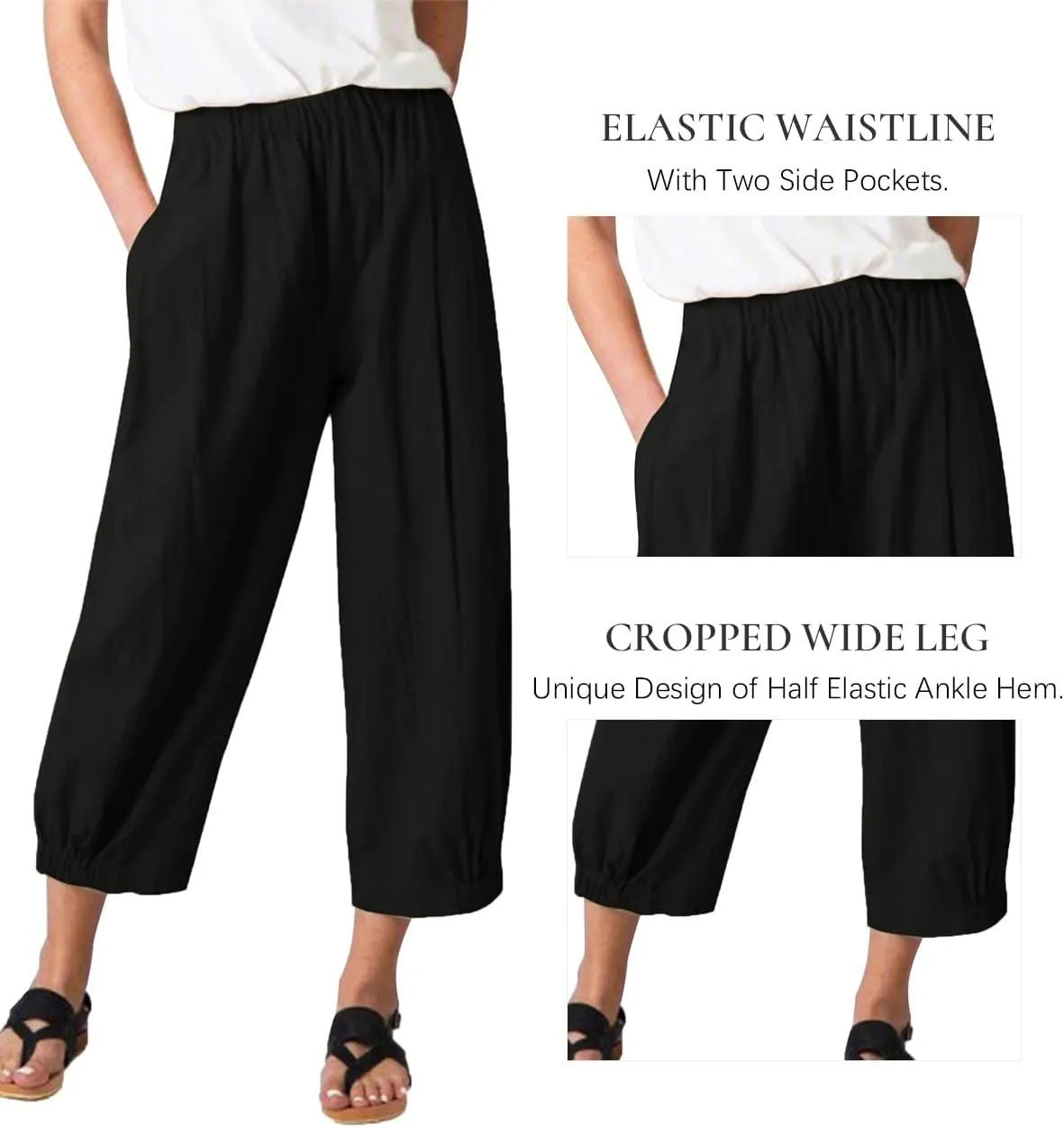 Les umes Women's Cropped Pants Cotton High Waist Wide Leg Capris Casual Loose Harem Pants Trousers with Pockets