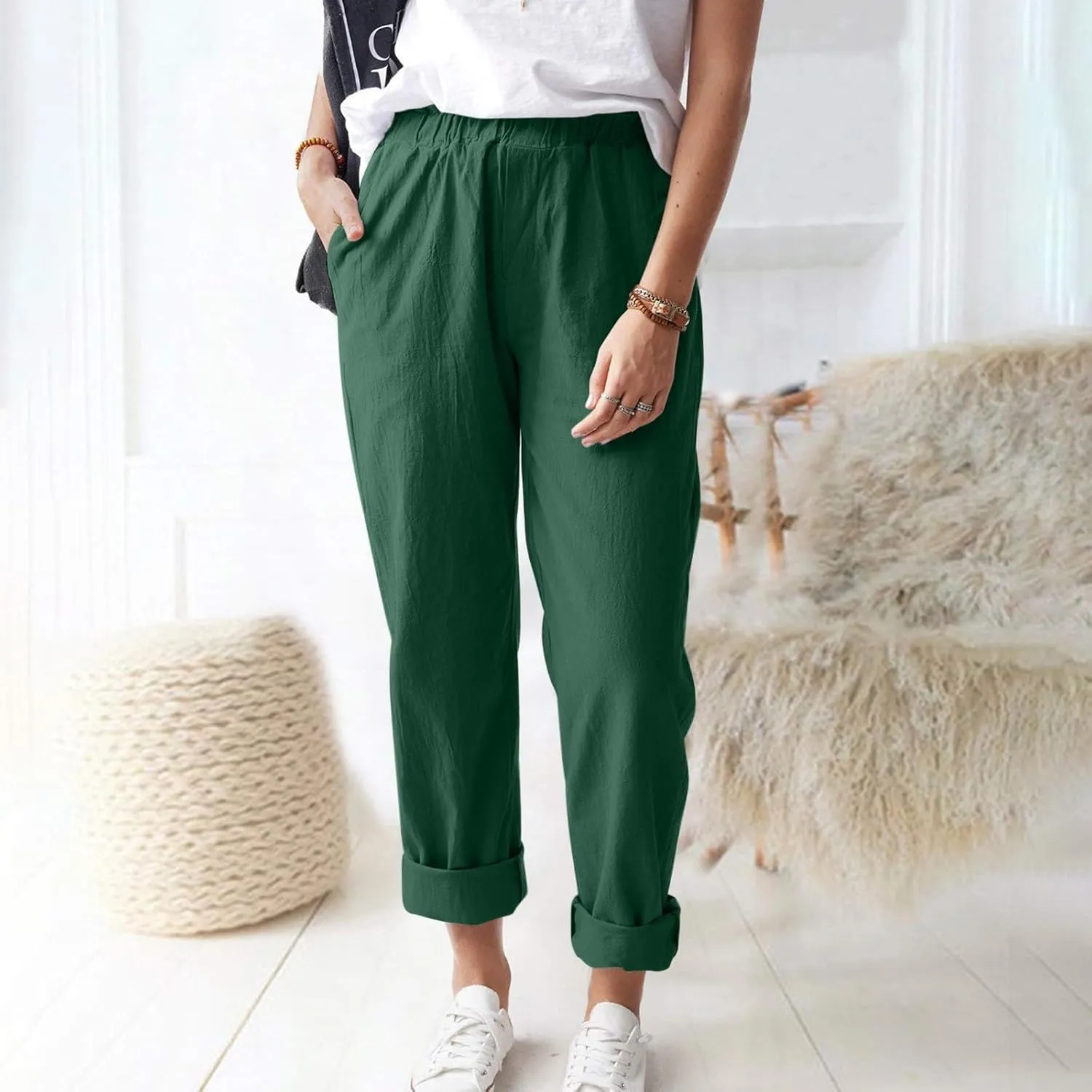 Linen Casual Summer Capri Pants Cropped Comfy Baggy Trousers with Pockets Palazzo Lounge Cropped Tapered Leg Pant