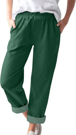 Linen Casual Summer Capri Pants Cropped Comfy Baggy Trousers with Pockets Palazzo Lounge Cropped Tapered Leg Pant