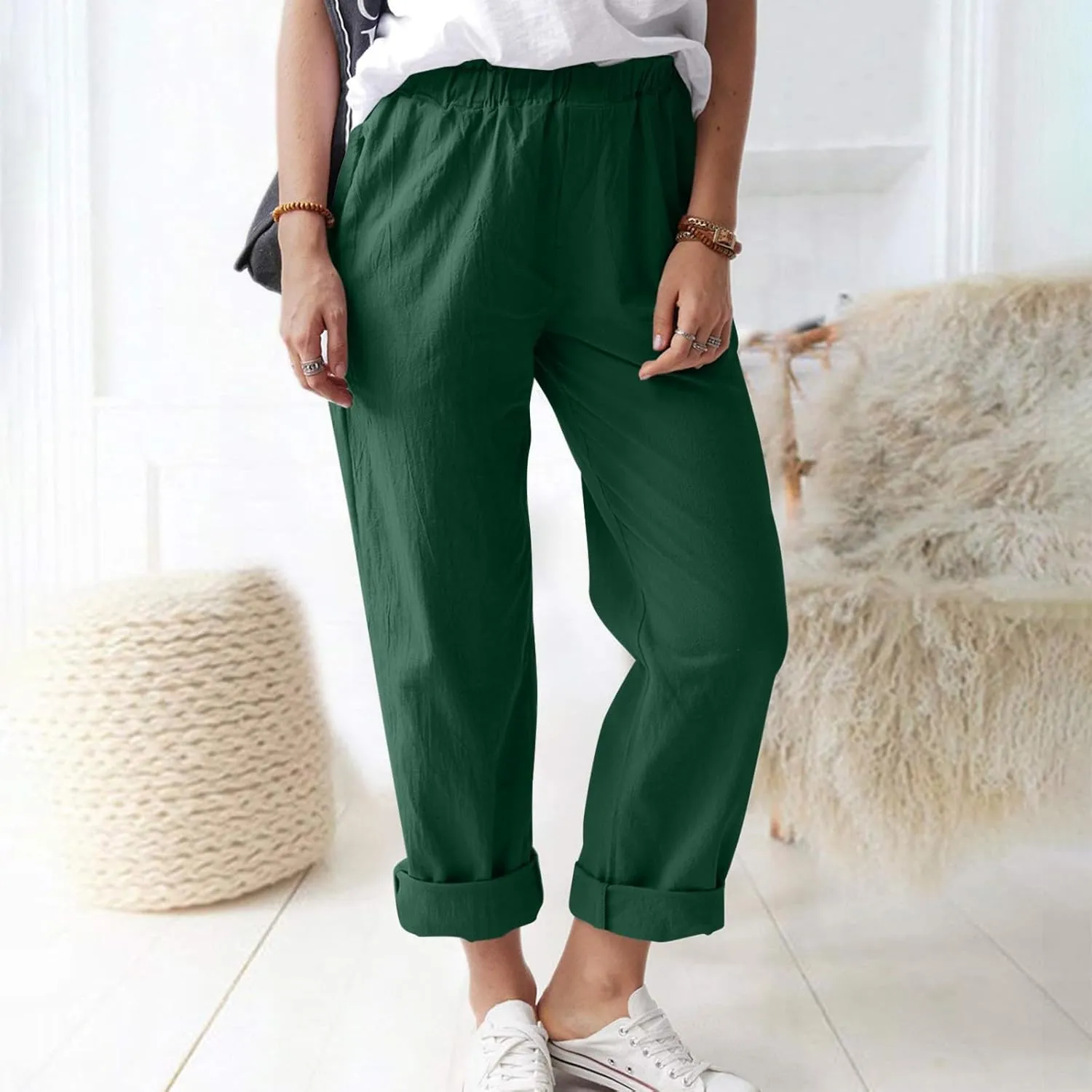 Linen Casual Summer Capri Pants Cropped Comfy Baggy Trousers with Pockets Palazzo Lounge Cropped Tapered Leg Pant