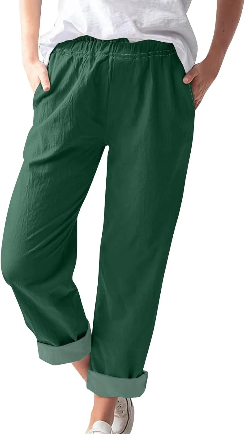 Linen Casual Summer Capri Pants Cropped Comfy Baggy Trousers with Pockets Palazzo Lounge Cropped Tapered Leg Pant