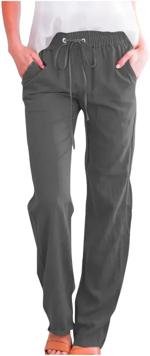 Linen Pants for Women Drawstring Elastic High Waist Pants Loose Straight Leg Lightweight Trousers Pants