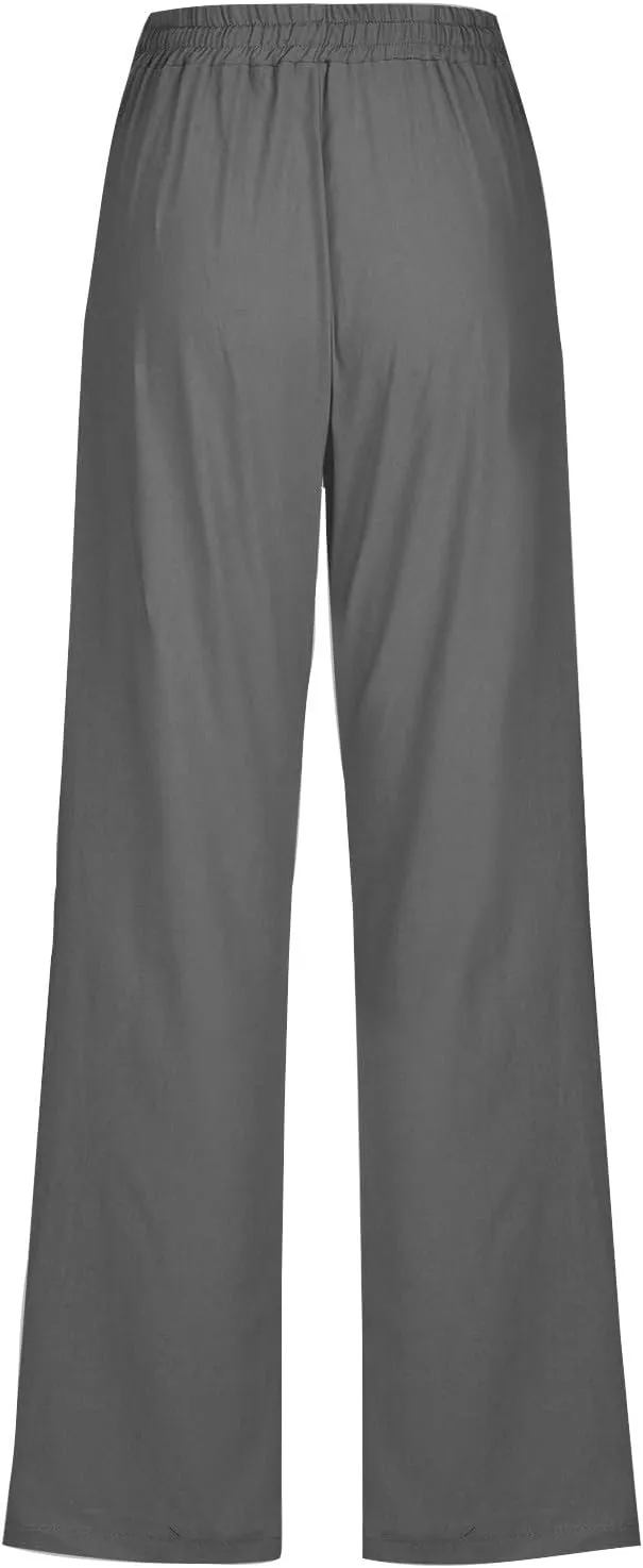 Linen Pants for Women Drawstring Elastic High Waist Pants Loose Straight Leg Lightweight Trousers Pants
