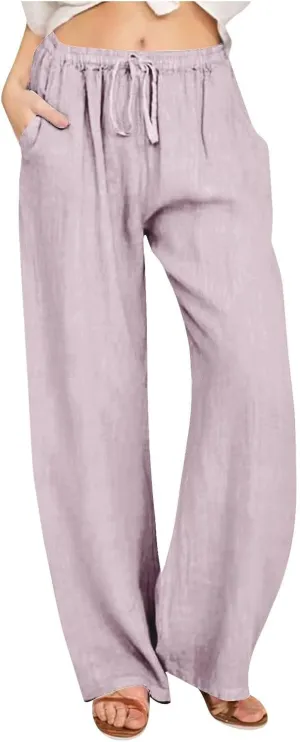 Linen Pants Women Summer Drawstring High Waisted Linen Palazzo Pants Wide Leg Lounge Pant Casual Beach Trousers