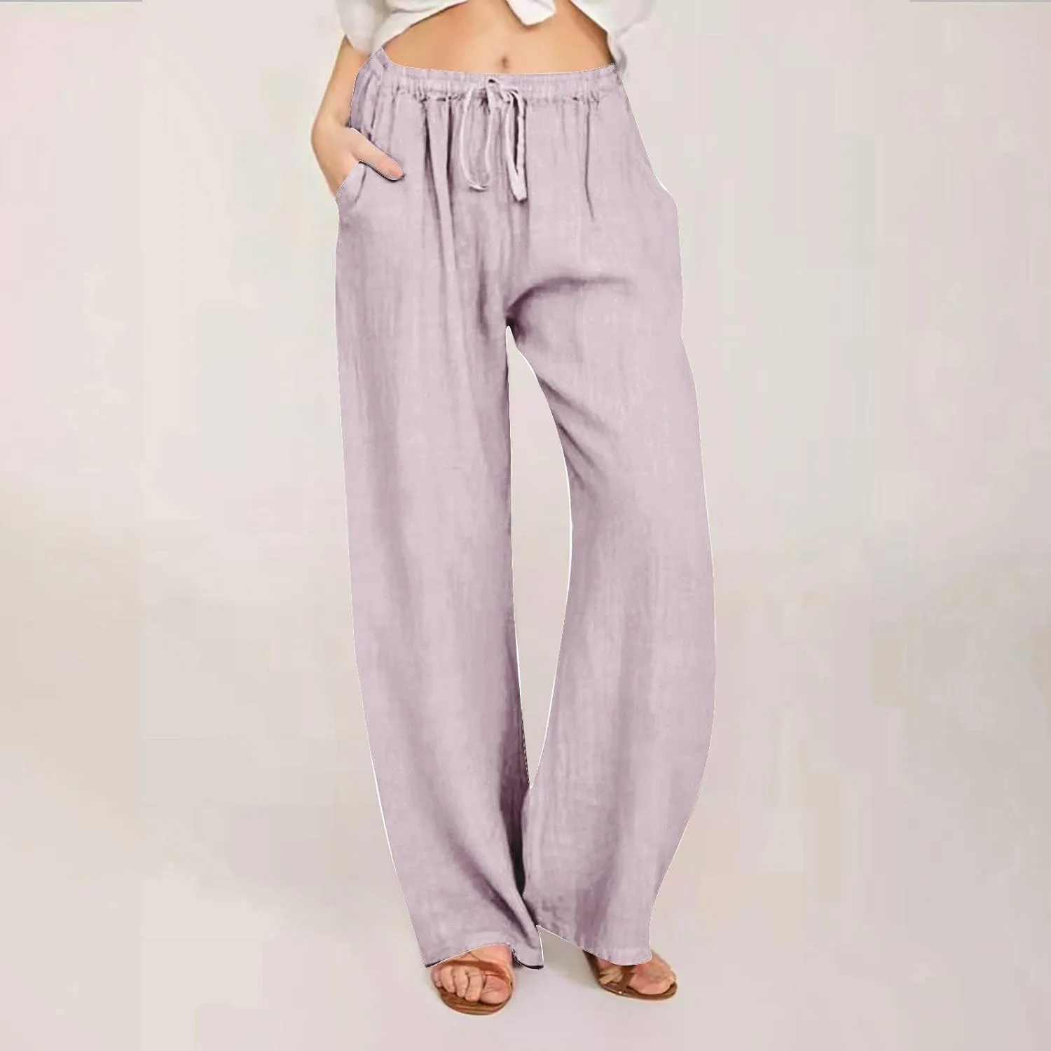 Linen Pants Women Summer Drawstring High Waisted Linen Palazzo Pants Wide Leg Lounge Pant Casual Beach Trousers