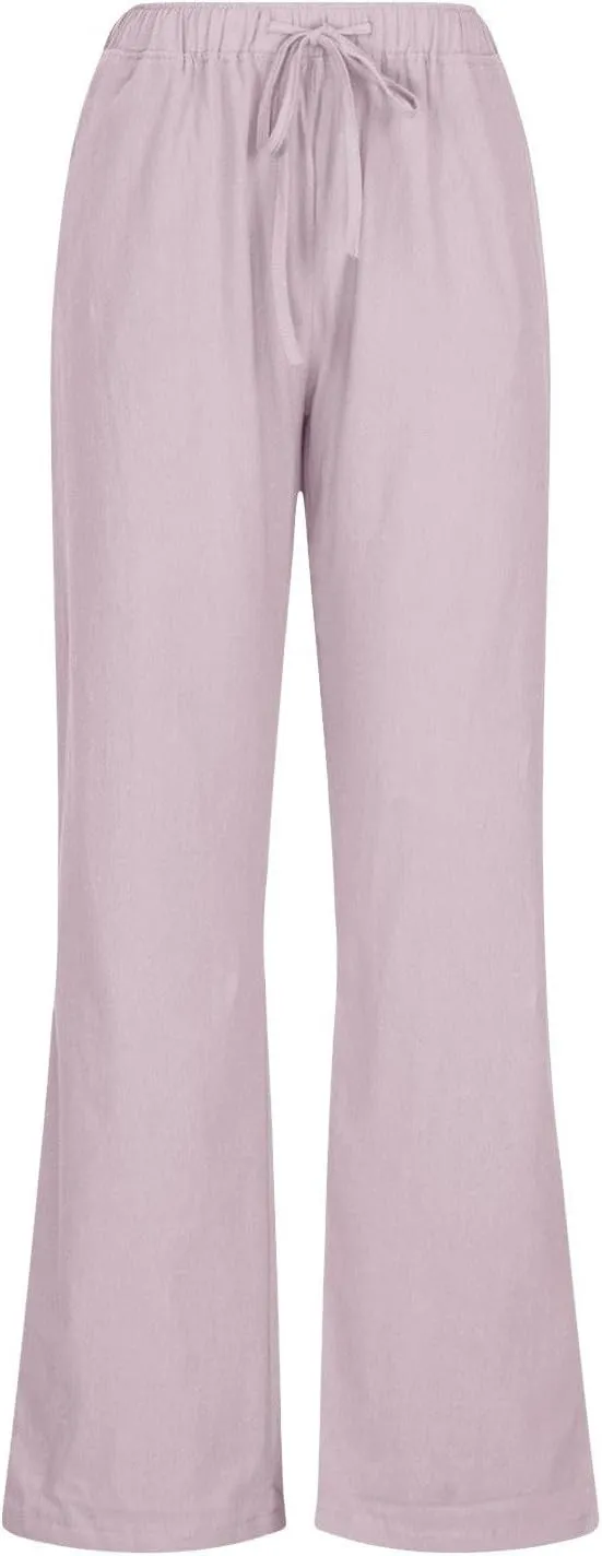 Linen Pants Women Summer Drawstring High Waisted Linen Palazzo Pants Wide Leg Lounge Pant Casual Beach Trousers